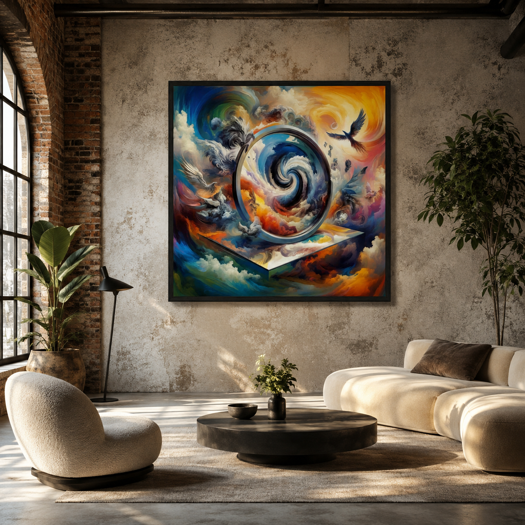 A large framed abstract painting with a swirling cosmic design in vibrant blue, orange, yellow, and purple tones, displayed on a textured concrete wall in a modern living room setting.