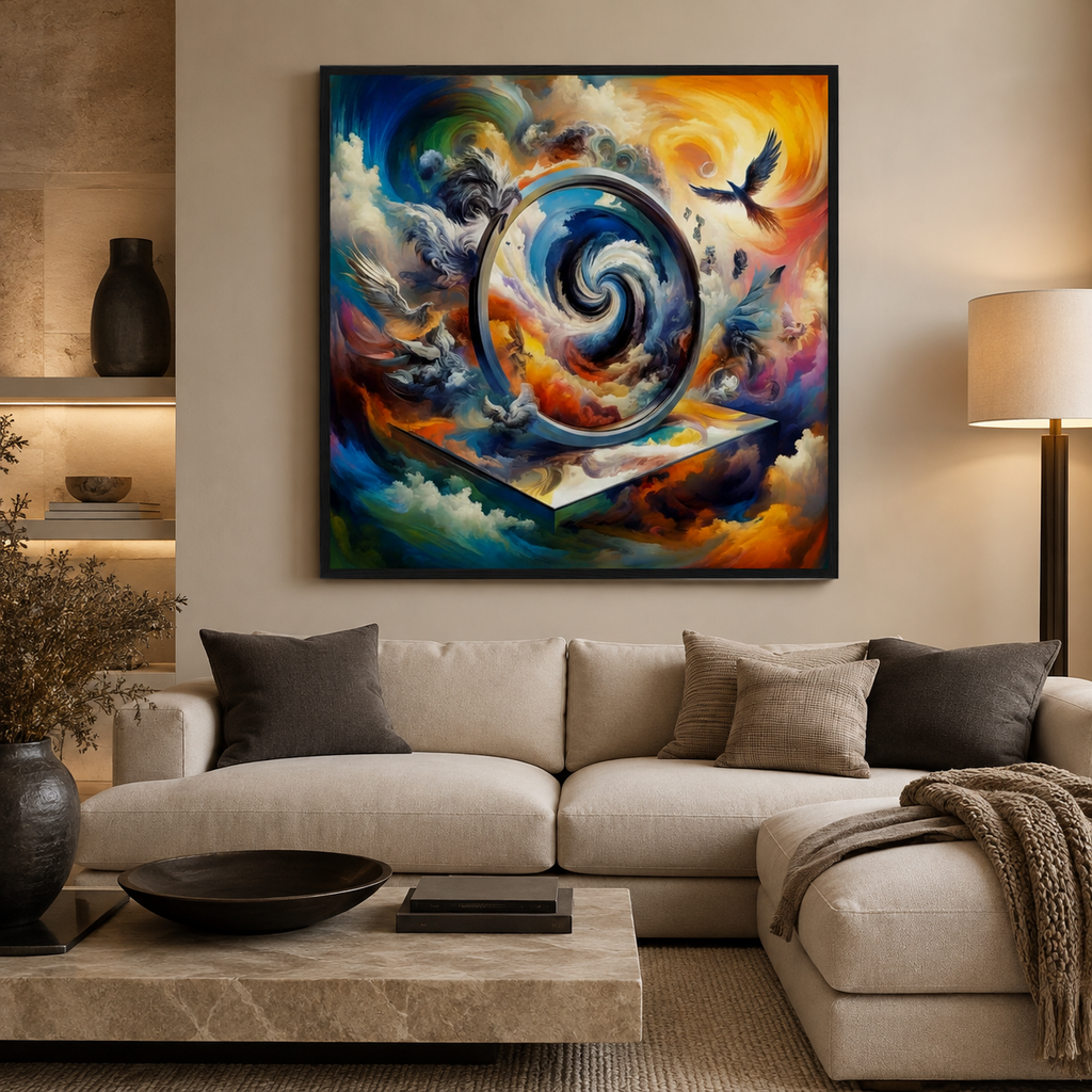 A large framed abstract canvas print with a swirling cosmic design in vivid blue, orange, white, and purple tones, displayed on a beige wall above a modern beige sectional sofa in a styled living room.