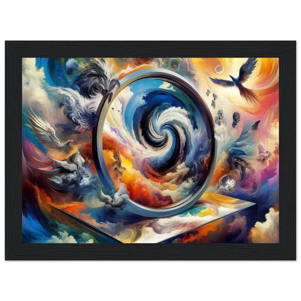A framed abstract art print featuring a swirling cosmic design with a large metallic ring, clouds, birds, and vivid blue, orange, yellow, and purple tones, shown against a plain white background.