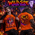 Two orange graphic T-shirts displayed front and back with a large Halloween-themed promotional graphic above them. The shirts feature colorful illustrated designs including a wolf, roses, bats, and a jack-o'-lantern.