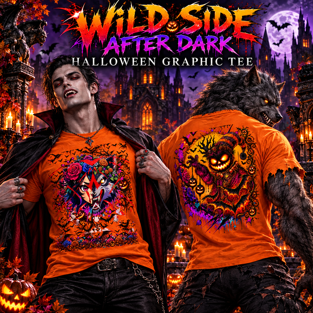 Two orange graphic T-shirts displayed front and back with a large Halloween-themed promotional graphic above them. The shirts feature colorful illustrated designs including a wolf, roses, bats, and a jack-o'-lantern.