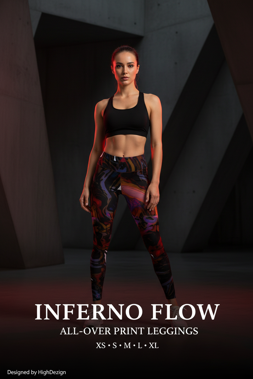A model stands in a dark, geometric studio setting wearing black sports bra and colorful all-over print leggings with the text 'INFERNO FLOW ALL-OVER PRINT LEGGGINGS' and size info at the bottom.