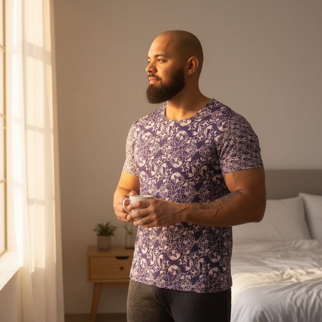 Man in a floral shirt standing in a bedroom holding a mug.