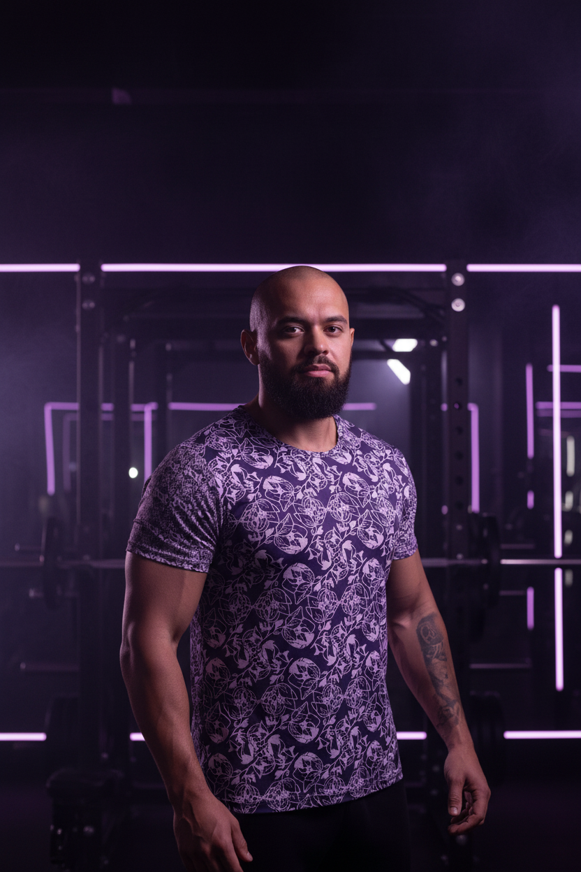 Man wearing a patterned shirt standing in a dark room with purple lighting