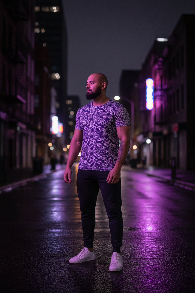 Man standing on a city street at night with neon lights