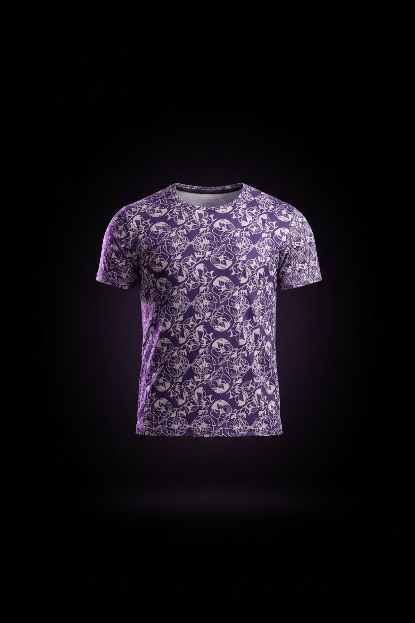 Purple floral patterned t-shirt on a black background