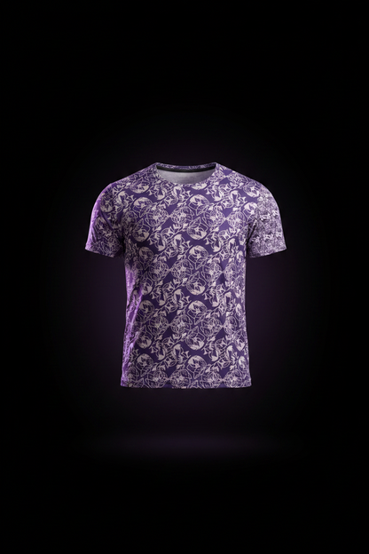 Purple floral patterned t-shirt on a black background