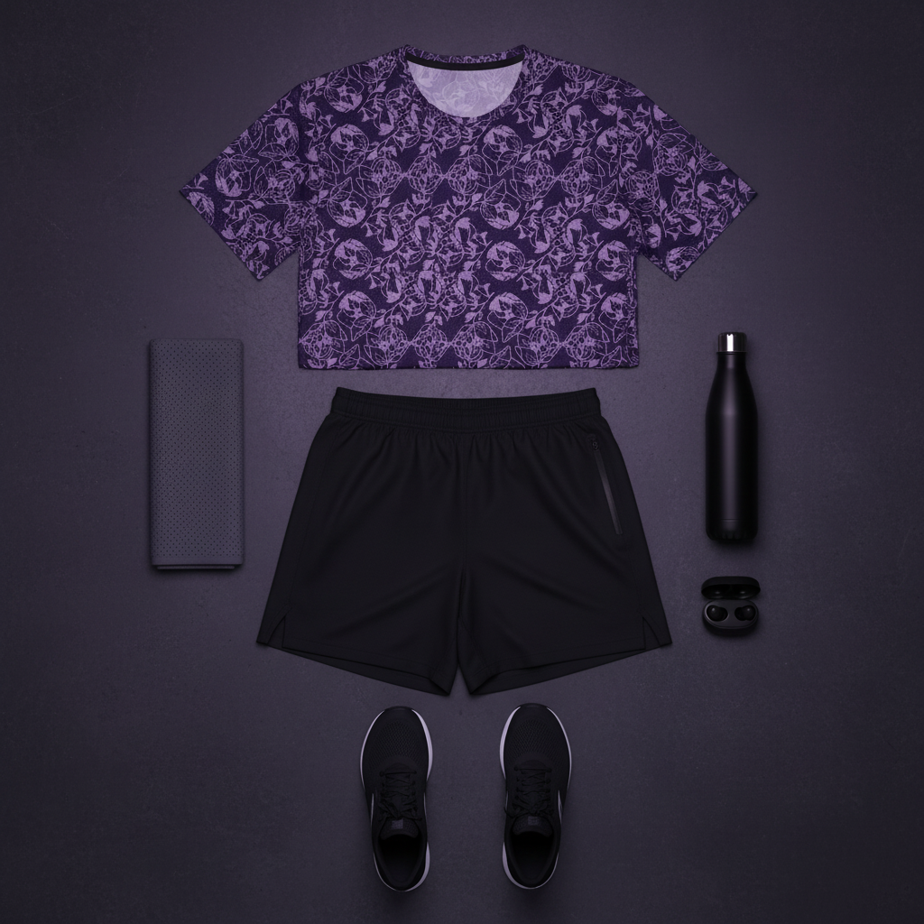 Purple patterned crop top, black shorts, black sneakers, black phone case, black water bottle, and black earbuds on a dark gray background.
