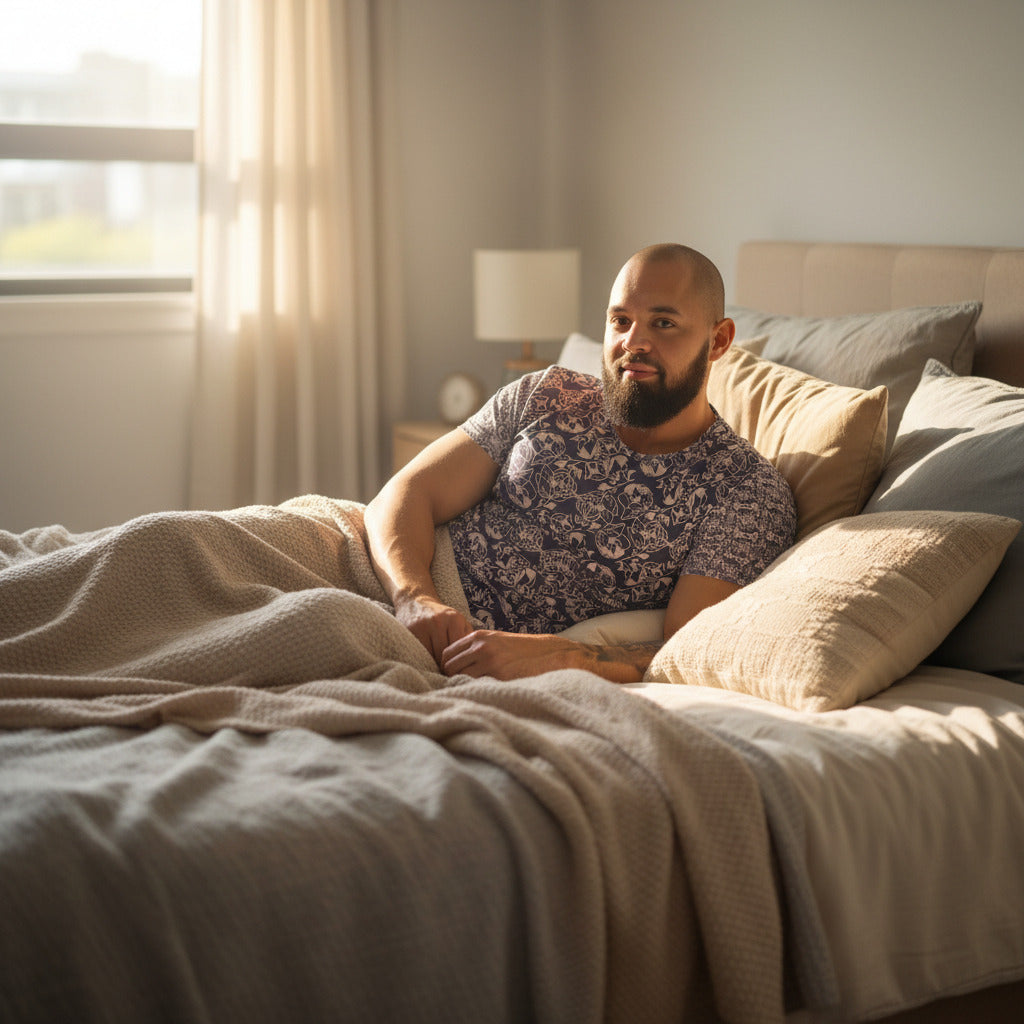 Man in a floral shirt standing in a bedroom holding a mug.