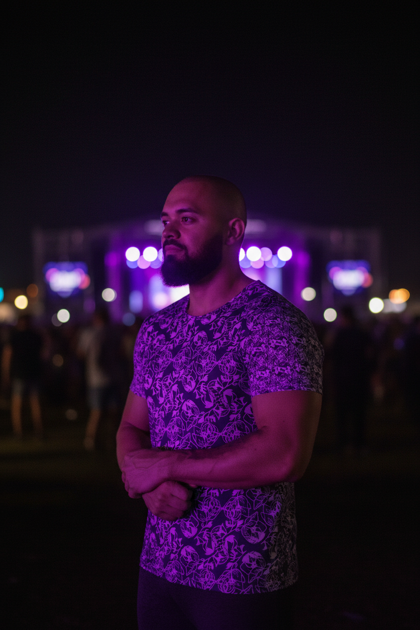 Man wearing a purple patterned shirt standing in front of a dark background with blurred lights.