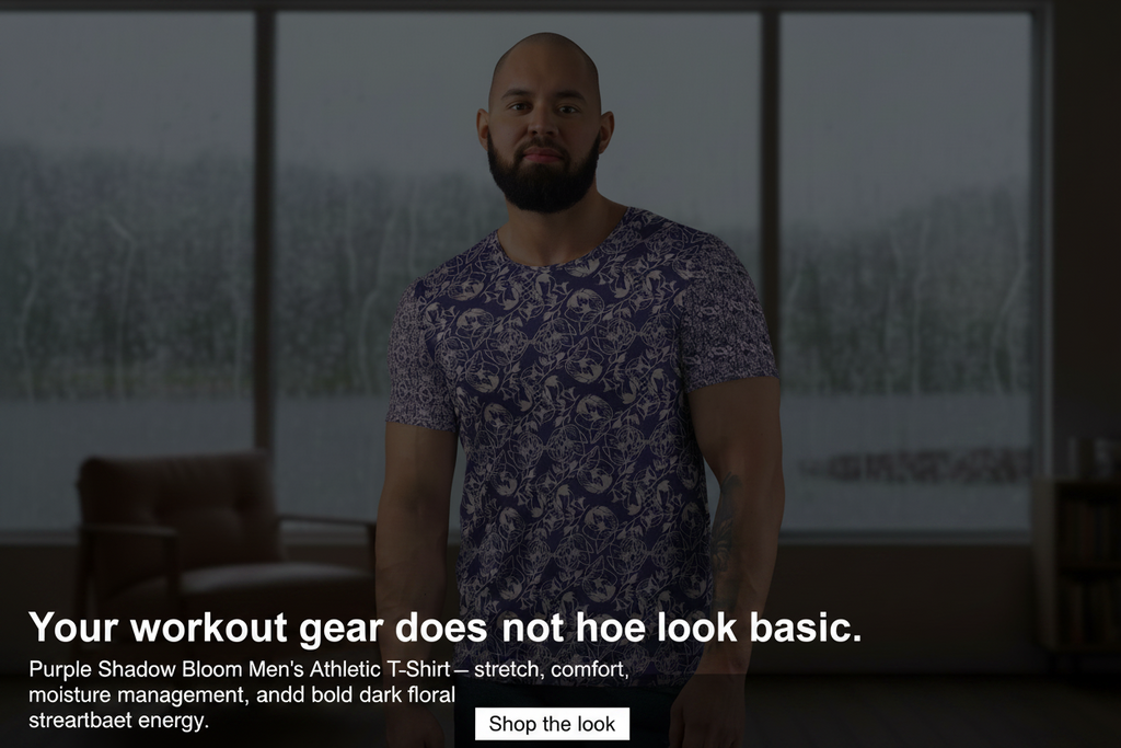 Man wearing a purple t-shirt with text about workout gear and a call to action.