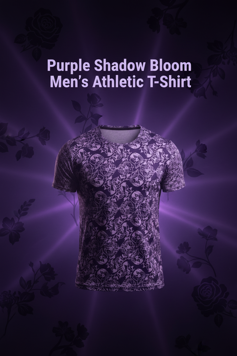 Purple shadow bloom men's athletic t-shirt on a dark purple background with floral elements.
