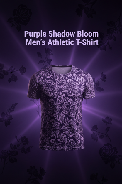Purple shadow bloom men's athletic t-shirt on a dark purple background with floral elements.