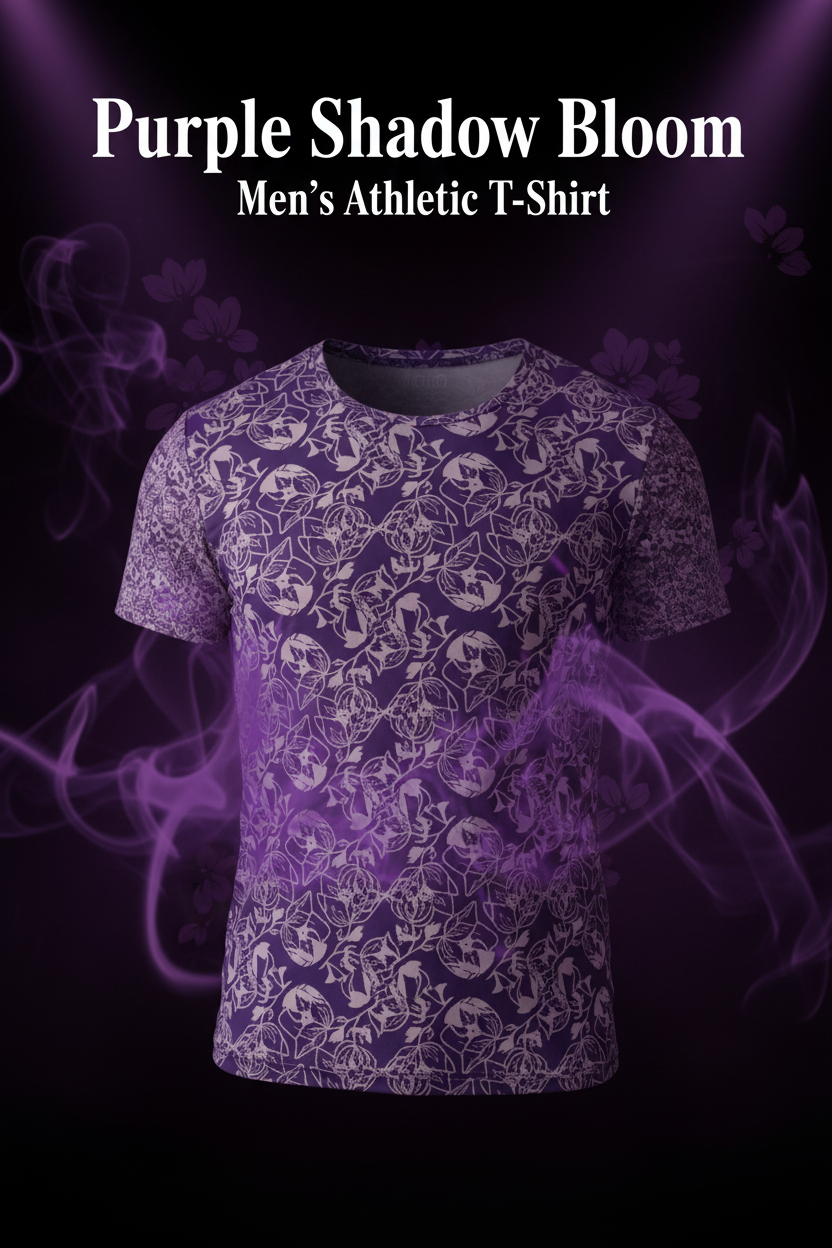 Men's athletic t-shirt with purple and white pattern on a dark background with purple smoke effects.