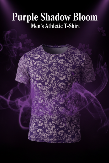 Men's athletic t-shirt with purple and white pattern on a dark background with purple smoke effects.