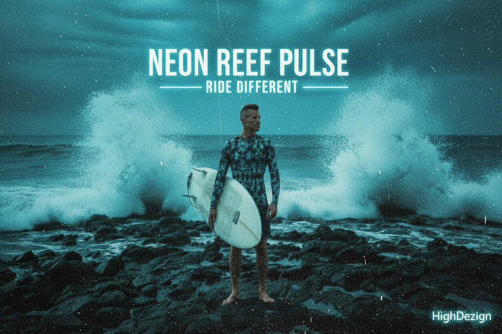 Person holding a surfboard on rocky shores with 'Neon Reef Pulse' text overlay