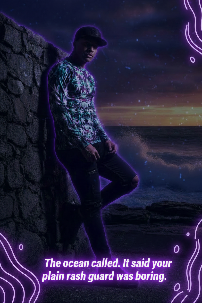 Person wearing a neon reef pulse rash guard against a sunset ocean backdrop