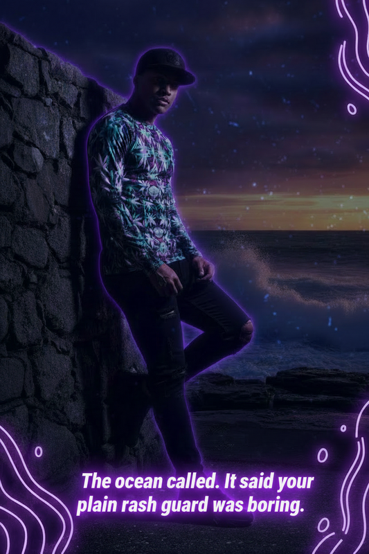 Person wearing a neon reef pulse rash guard against a sunset ocean backdrop