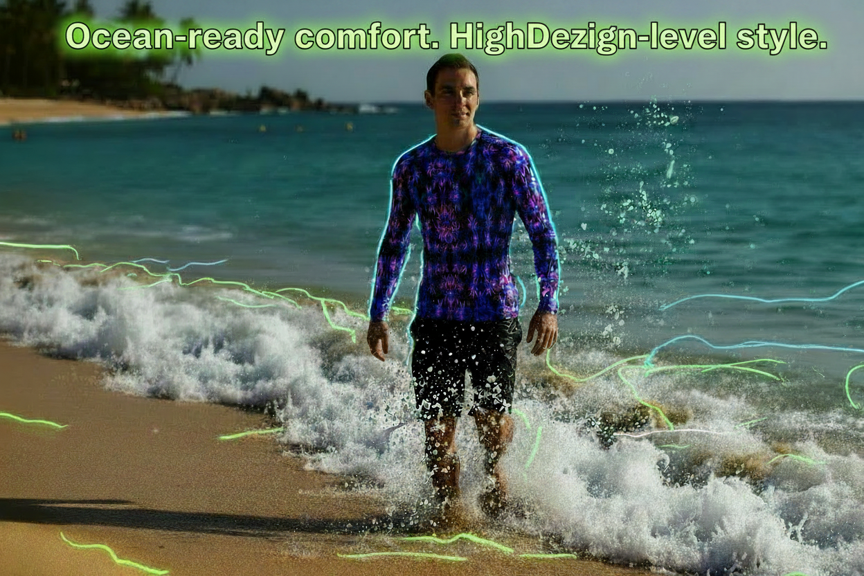 Person standing on a beach with ocean waves, wearing a colorful shirt and black shorts.