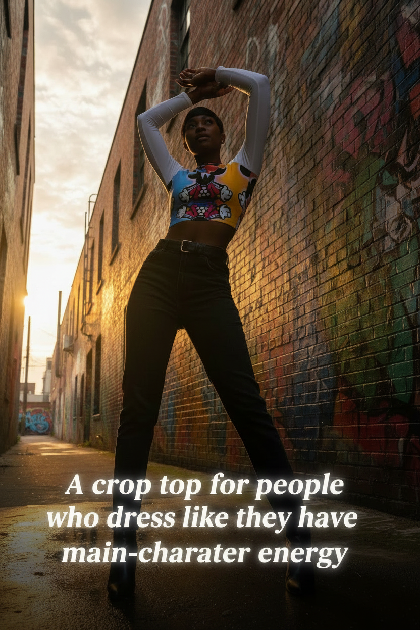 Person standing in an alley with graffiti walls, wearing a colorful top and black pants.