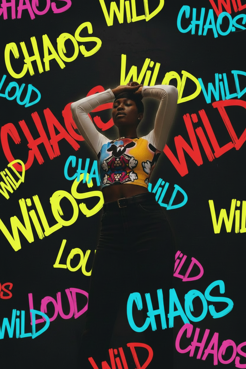 Person wearing a colorful long-sleeve crop top with text 'All-Over Print Recycled Long Sleeve Crop Top' at the bottom.