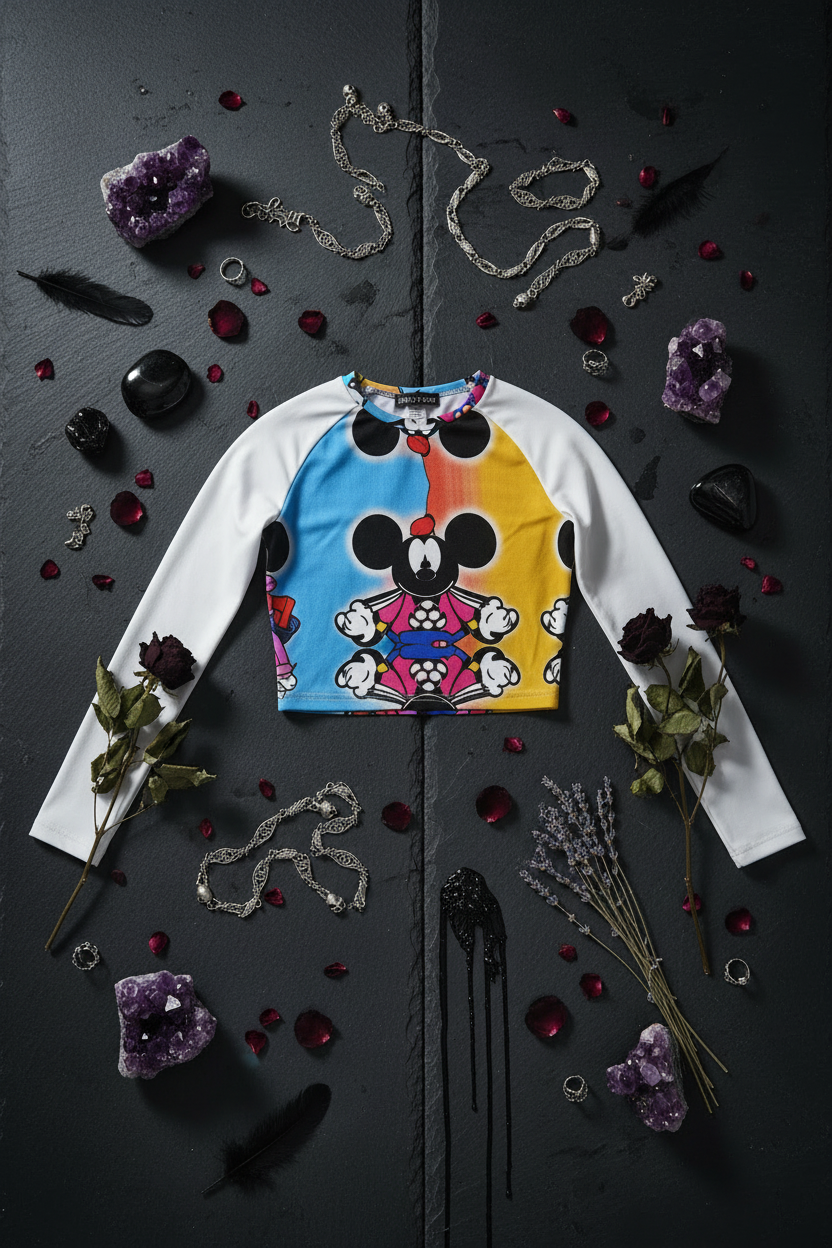 Colorful shirt with cartoon design on a dark surface with decorative elements