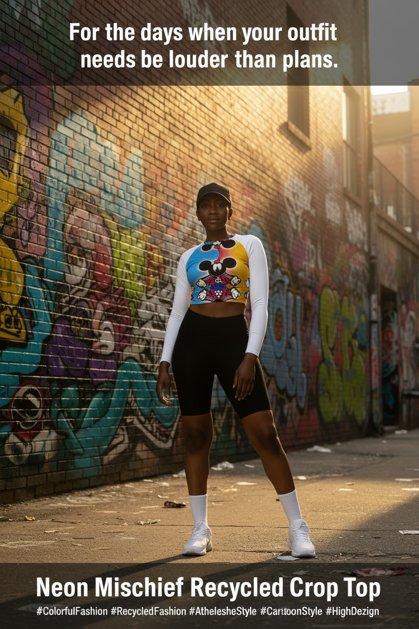 Person wearing a colorful crop top and black pants standing in front of a graffiti-covered wall.