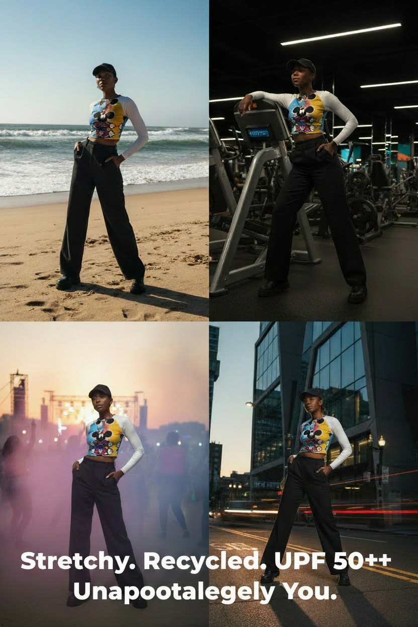 Person wearing a colorful top and dark pants standing in a smoky, outdoor setting with people in the background.