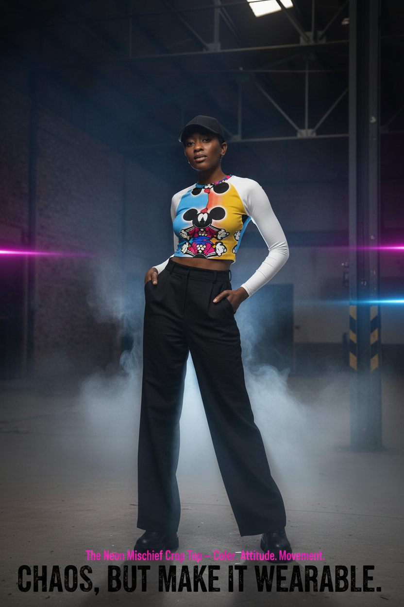 Person wearing a colorful top and black pants in an industrial setting with smoke.