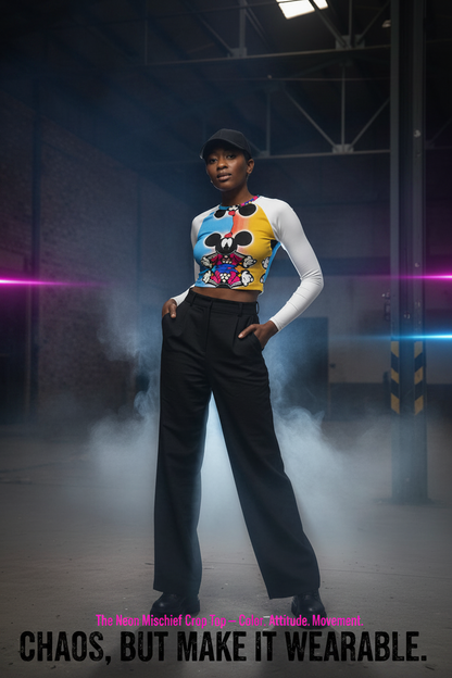 Person wearing a colorful top and black pants in an industrial setting with smoke.