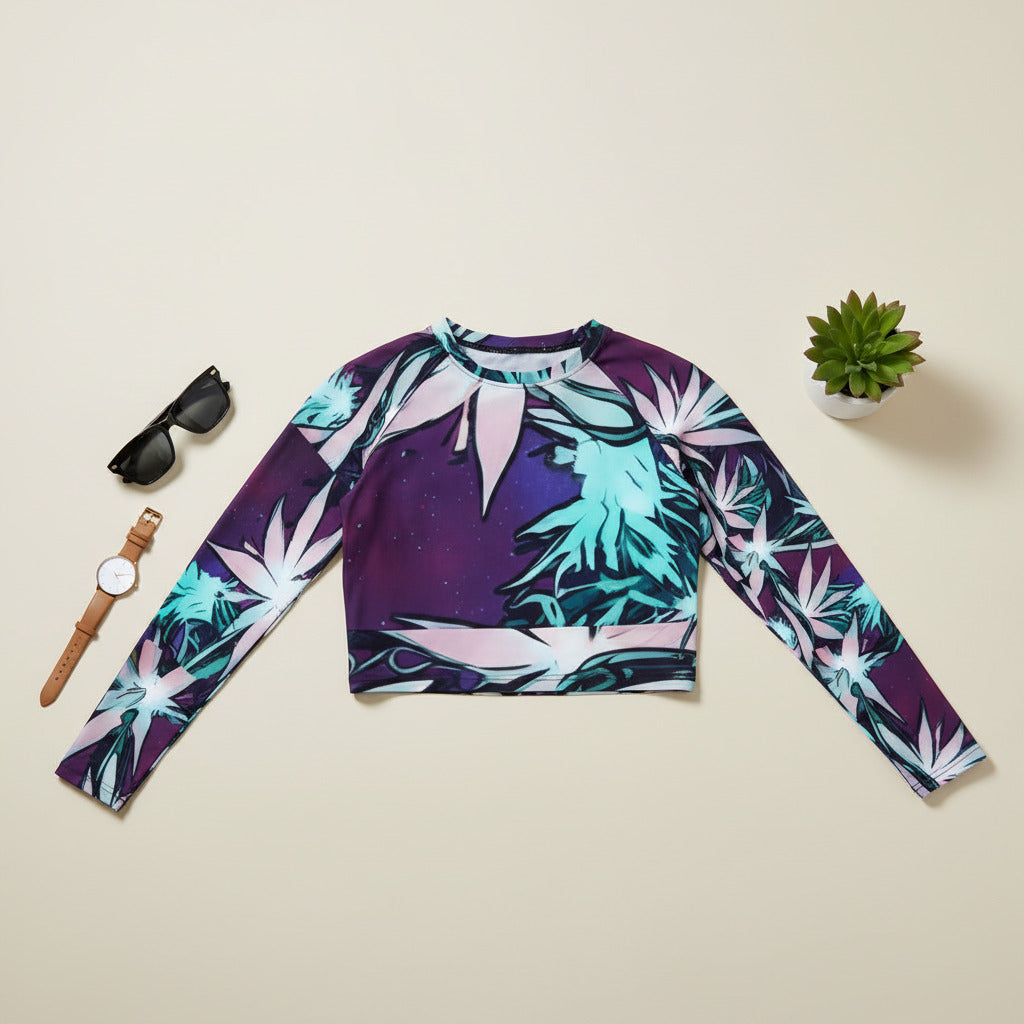 Woman wearing a colorful long-sleeve top with a floral pattern against a beige background