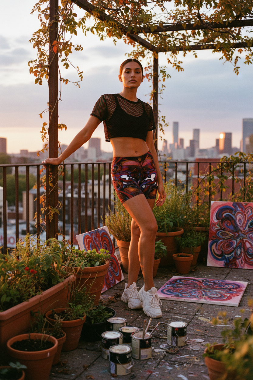 Woman standing on a rooftop with cityscape view, surrounded by plants and art supplies.