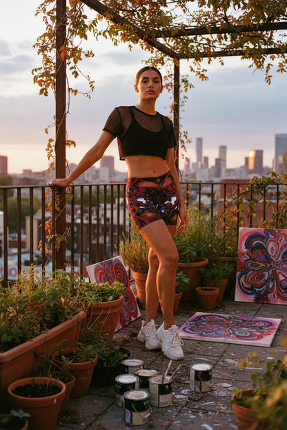 Woman standing on a rooftop with cityscape view, surrounded by plants and art supplies.