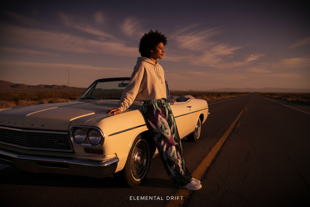 Person leaning against a vintage car on a desert road with a sunset sky.