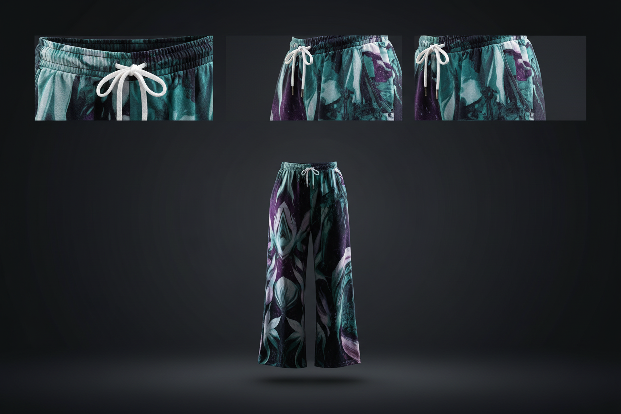 Colorful shorts with a tie-dye pattern on a dark background