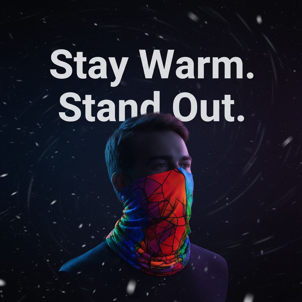 Person wearing a colorful scarf with text 'Stay Warm. Stand Out.' on a dark background