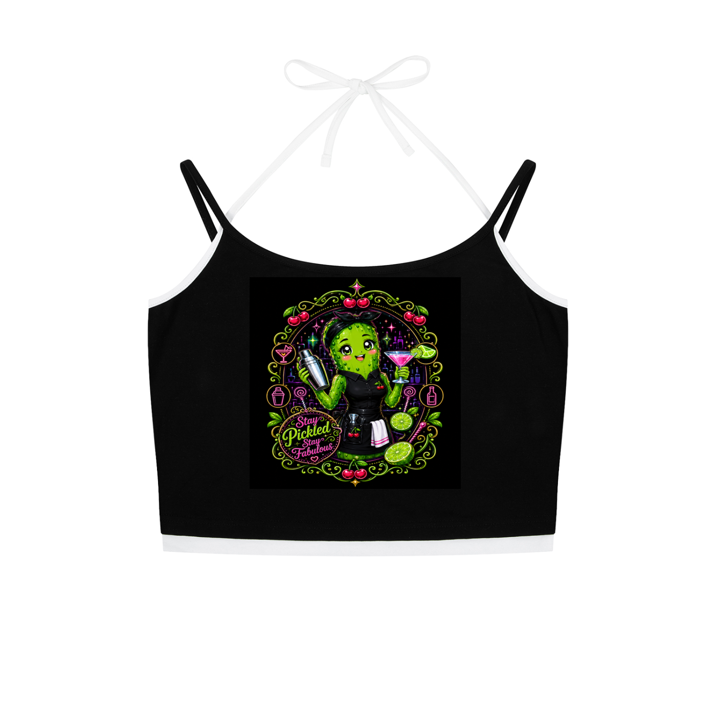 Black crop top with a colorful graphic design on a white background