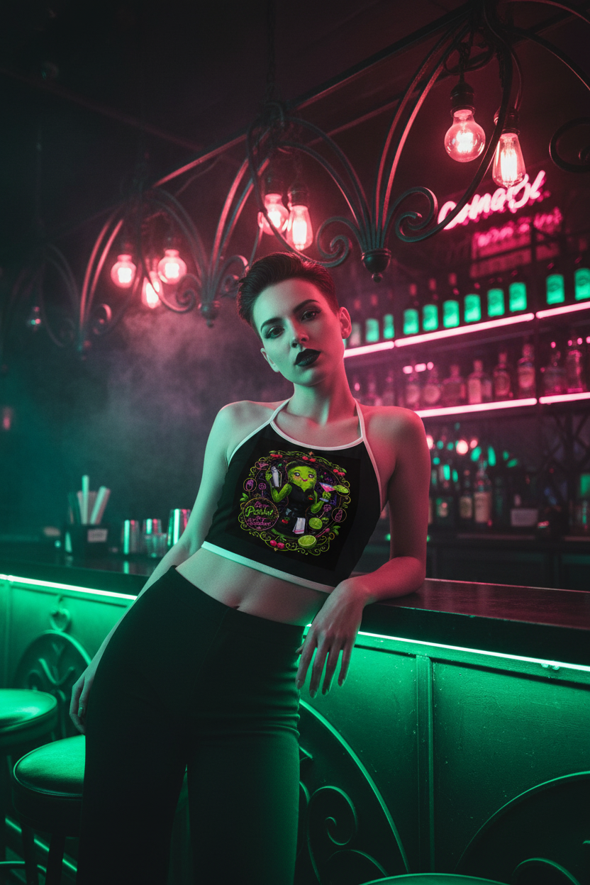 Woman in a stylish outfit standing in a bar with neon lights and a colorful drink menu.