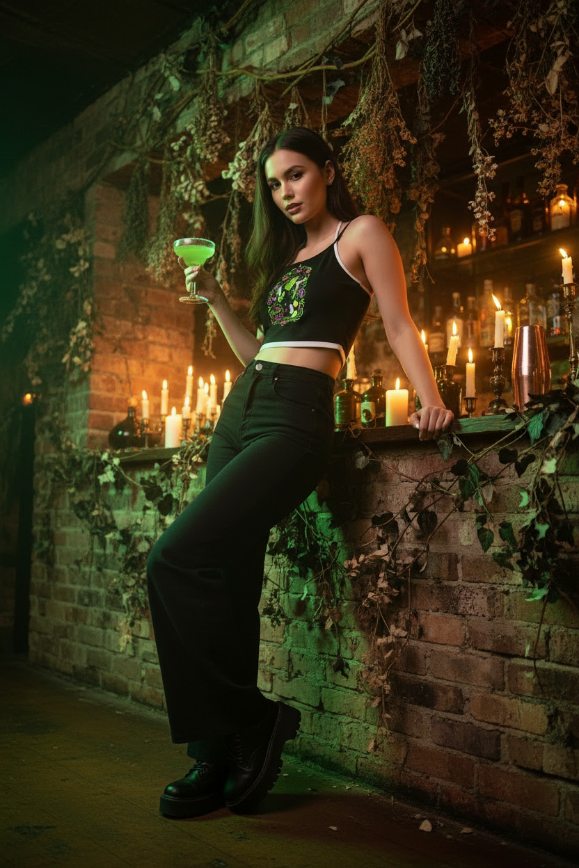Woman holding a cocktail in a dimly lit bar with candles and greenery.
