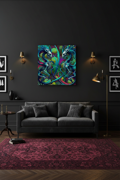 A vibrant, multicolored abstract canvas print featuring two intertwined stylized dragon figures, displayed on a dark charcoal wall above a modern gray sofa in a styled living room.
