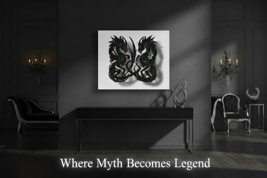 Black and white abstract artwork on a wall in a dimly lit room with furniture.