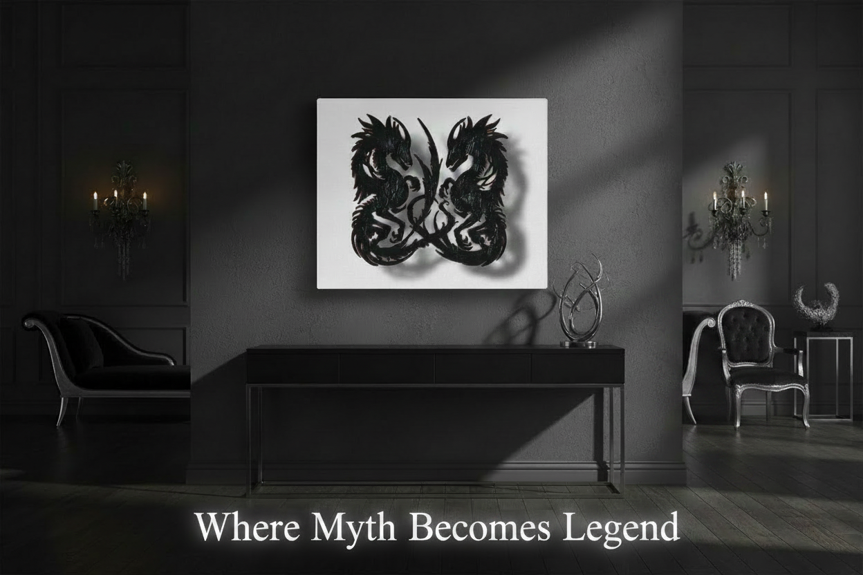 Black and white abstract artwork on a wall in a dimly lit room with furniture.