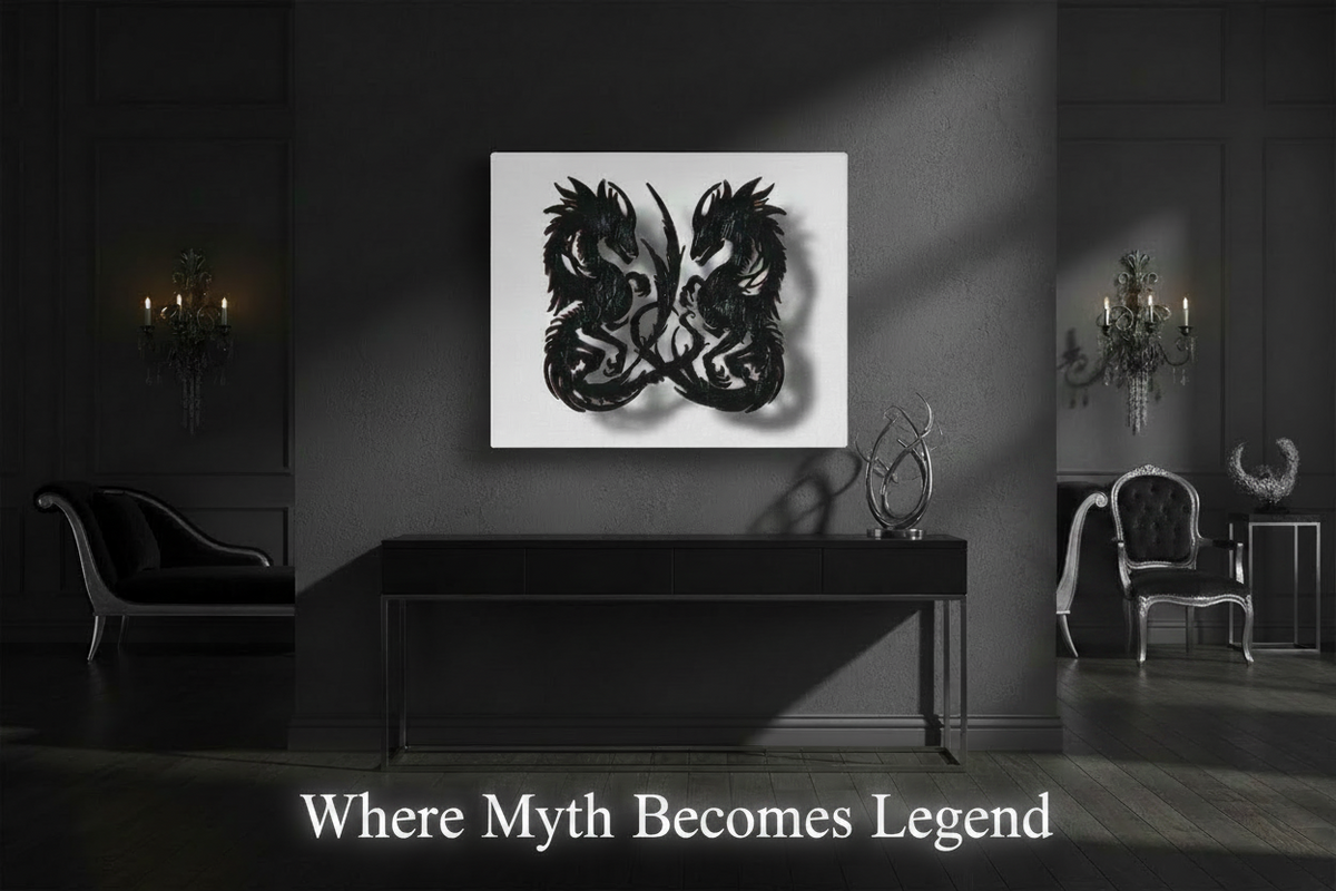 Black and white abstract artwork on a wall in a dimly lit room with furniture.