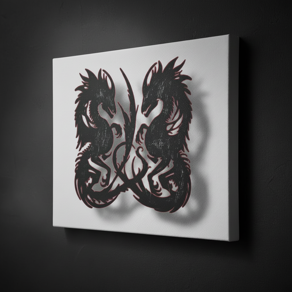 Canvas print with black and white dragon design on a dark background