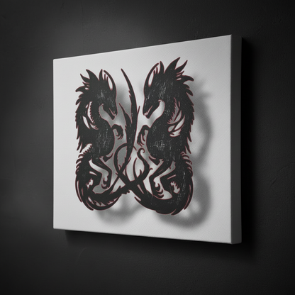 Canvas print with black and white dragon design on a dark background