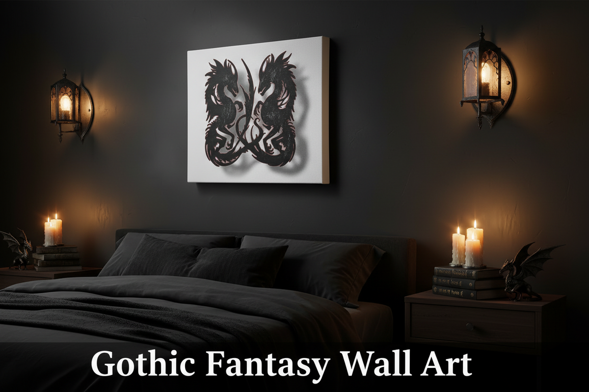 Gothic fantasy wall art above a bed in a dimly lit room with candles.