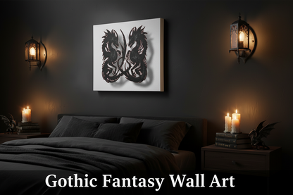 Gothic fantasy wall art above a bed in a dimly lit room with candles.