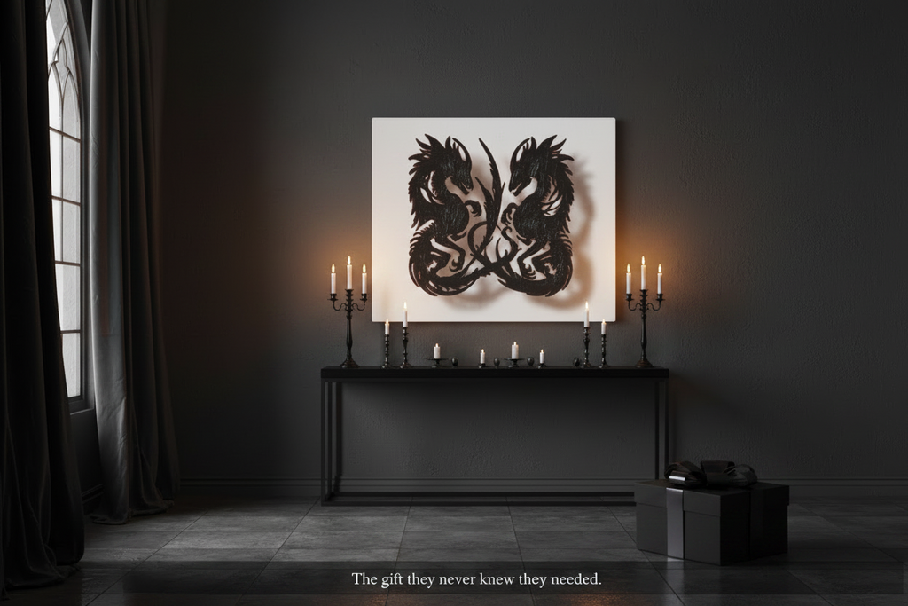 Abstract black and white artwork on a wall in a dimly lit room.