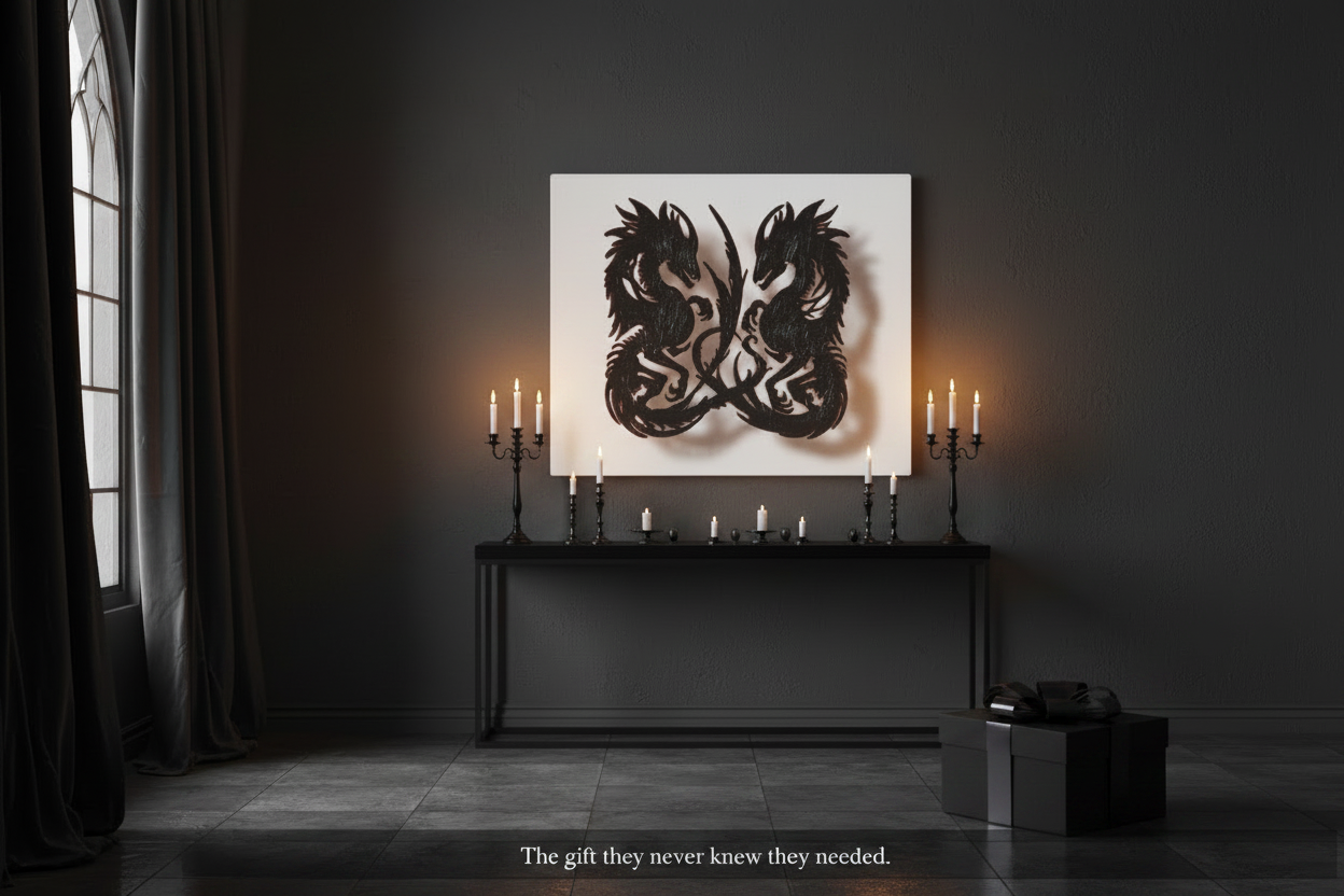 Abstract black and white artwork on a wall in a dimly lit room.