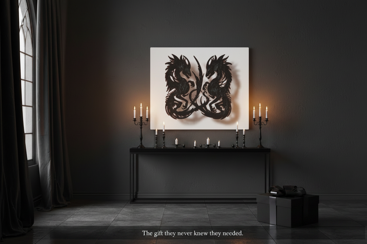 Abstract black and white artwork on a wall in a dimly lit room.